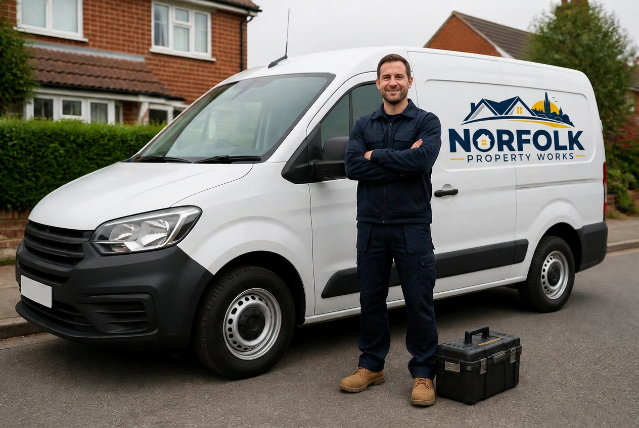 Norfolk Property Works tradesman standing beside a branded work van on a Norfolk street